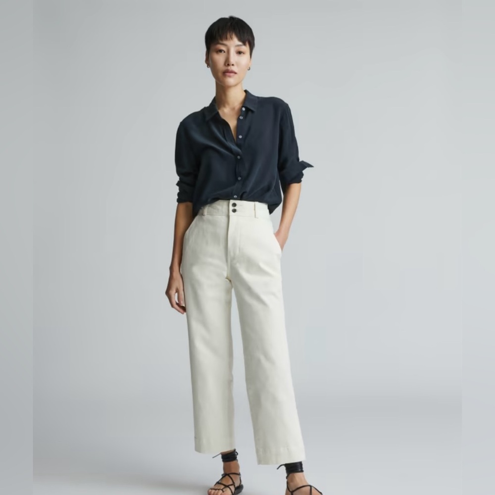 Everlane Navy Button-Front Shirt with Cream High-Rise Pants